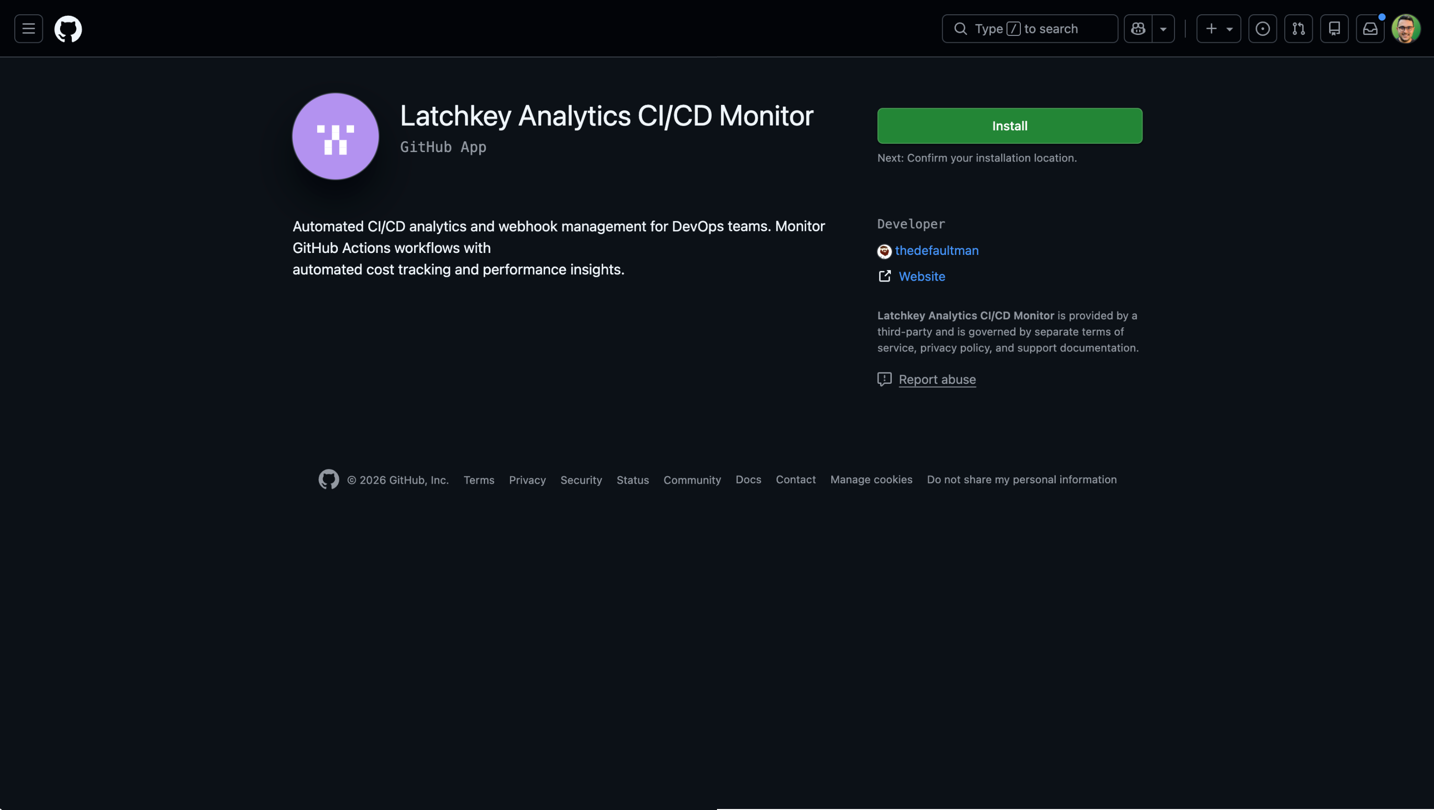 The Latchkey GitHub App listing on GitHub