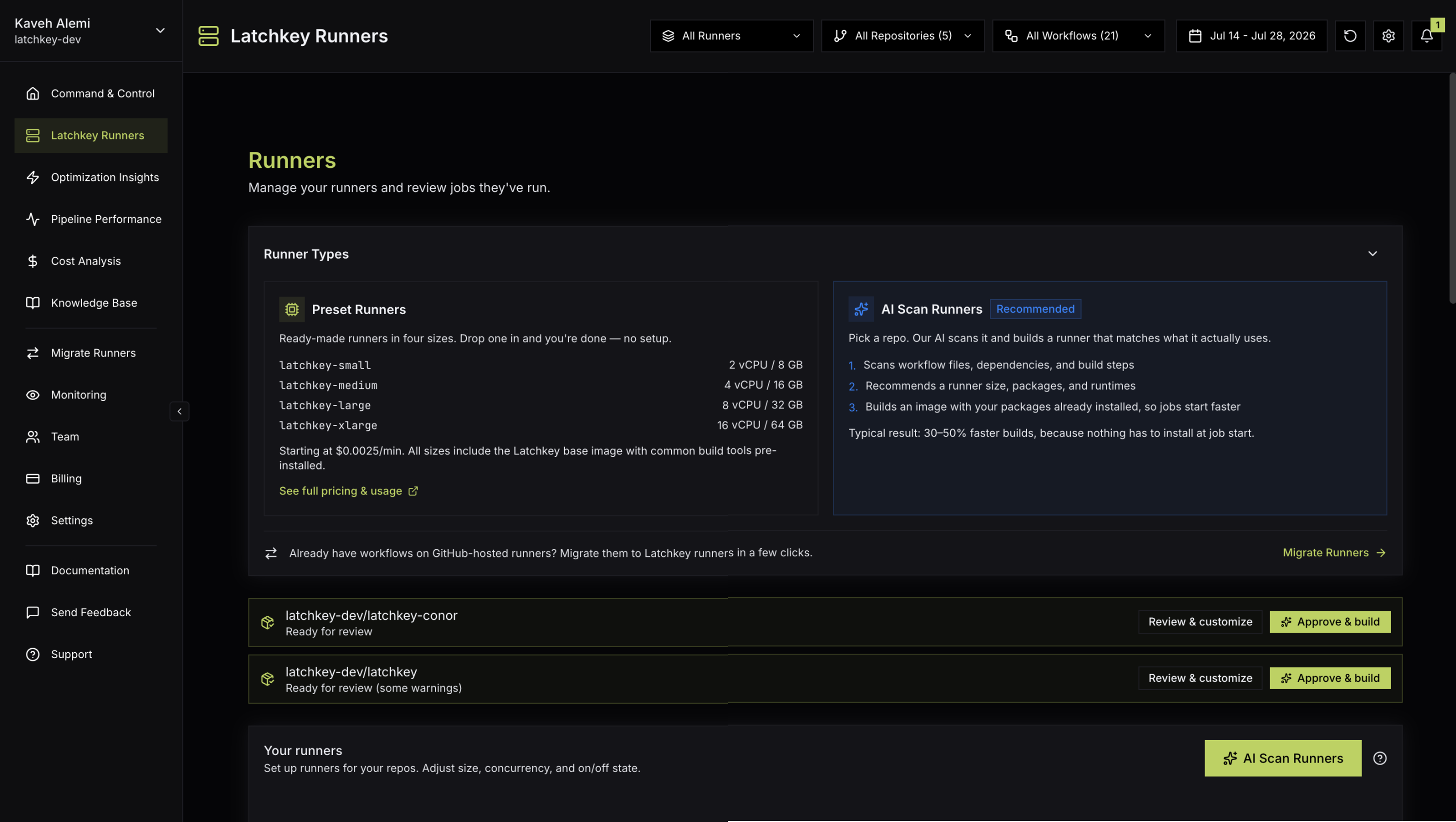The Runners page in the Latchkey dashboard