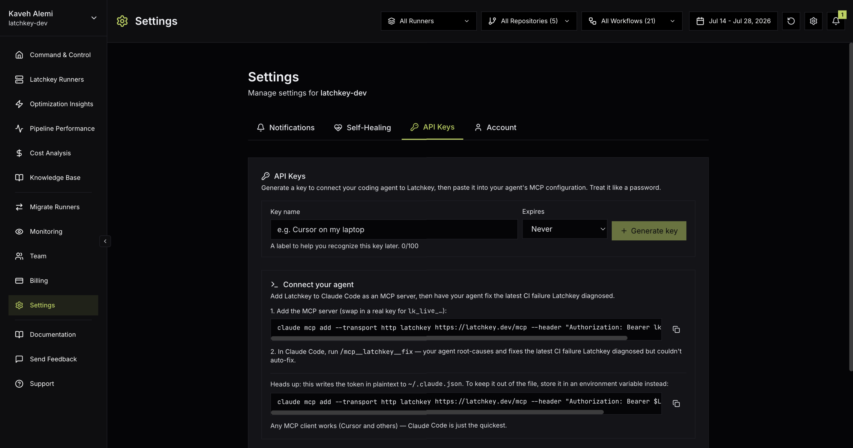 The API Keys settings tab
