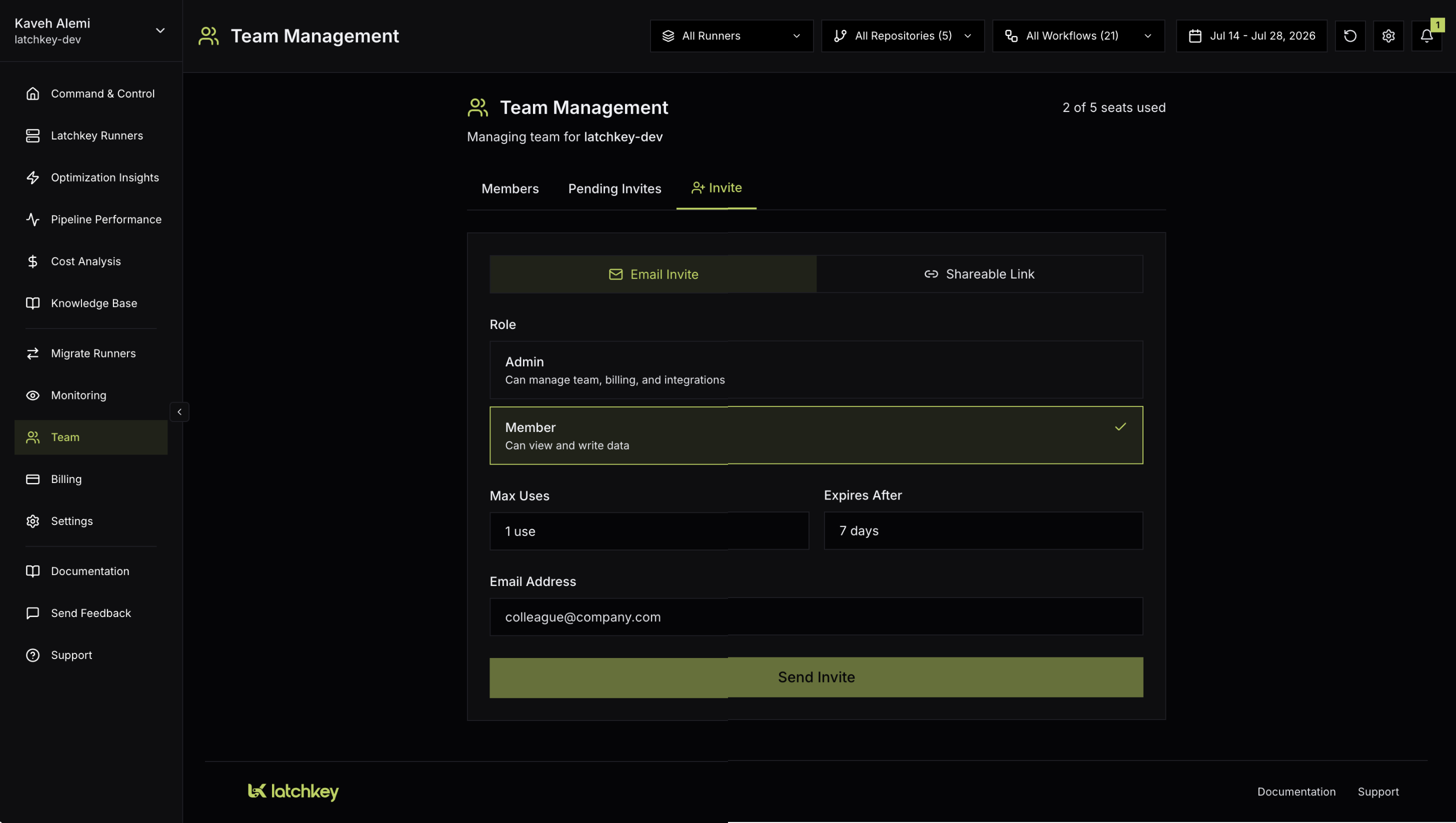 The Invite tab on Team Management